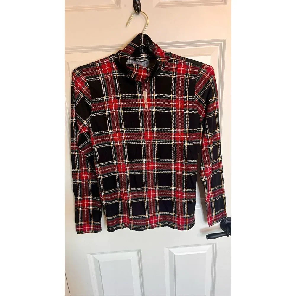 J. Crew Womens Black Red‎ Tartan Plaid Turtle Neck Long Sleeve Top Small NWT